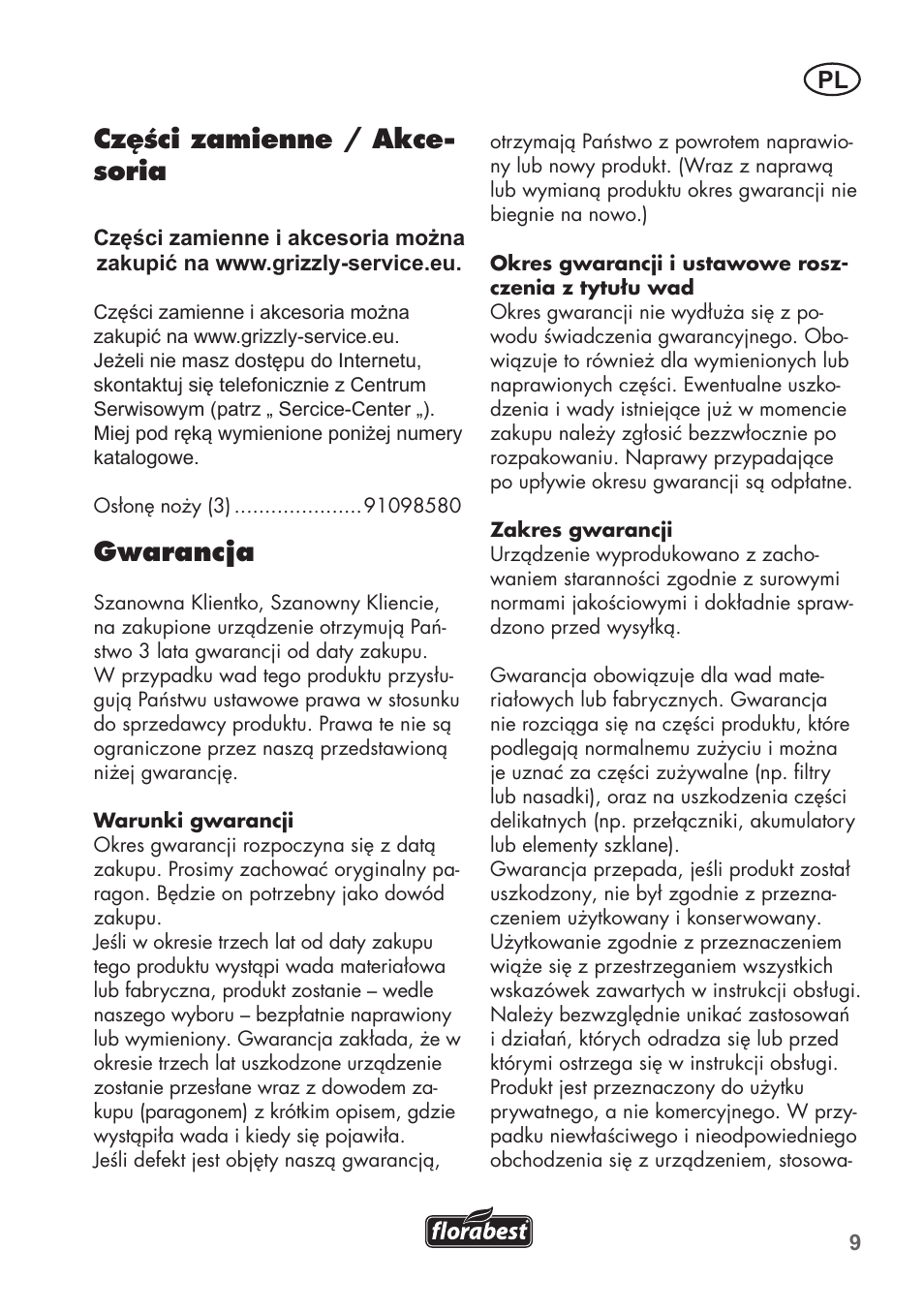 Części zamienne / akce- soria, Gwarancja | Florabest FHK 15 A1 User Manual | Page 9 / 28