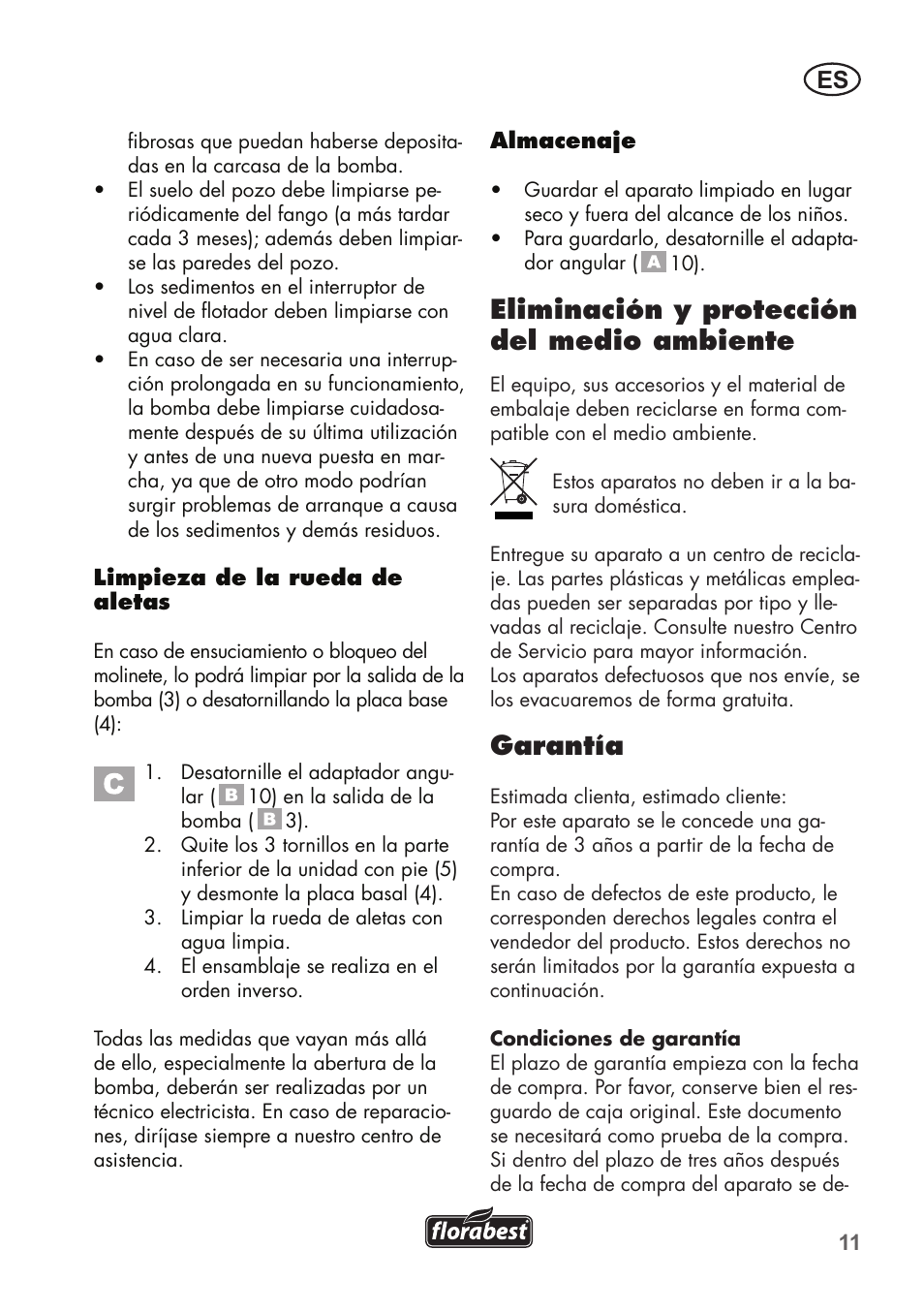 Eliminación y protección del medio ambiente, Garantía | Florabest FTS 1100 B2 User Manual | Page 11 / 62