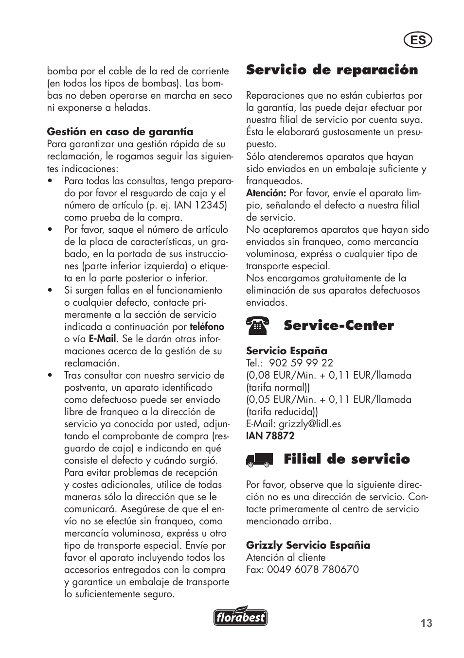 Servicio de reparación, Service-center, Filial de servicio | Florabest FTS 1100 B2 User Manual | Page 13 / 62