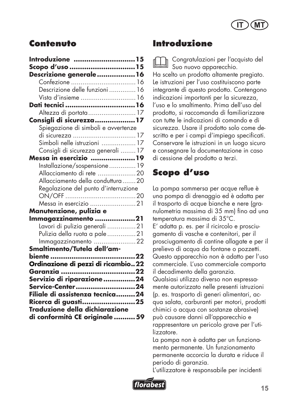 Introduzione, Scopo d’uso, Contenuto | It mt | Florabest FTS 1100 B2 User Manual | Page 15 / 62