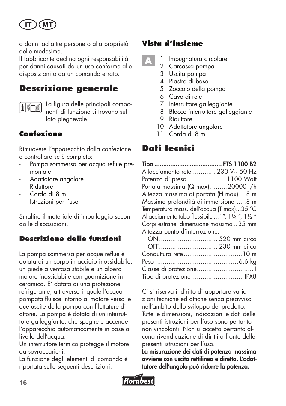 Descrizione generale, Dati tecnici, It mt | Florabest FTS 1100 B2 User Manual | Page 16 / 62
