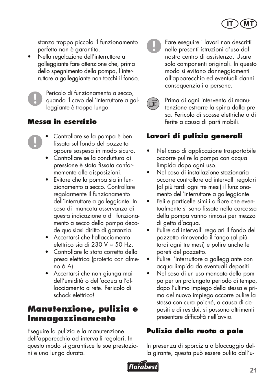 Manutenzione, pulizia e immagazzinamento, It mt | Florabest FTS 1100 B2 User Manual | Page 21 / 62