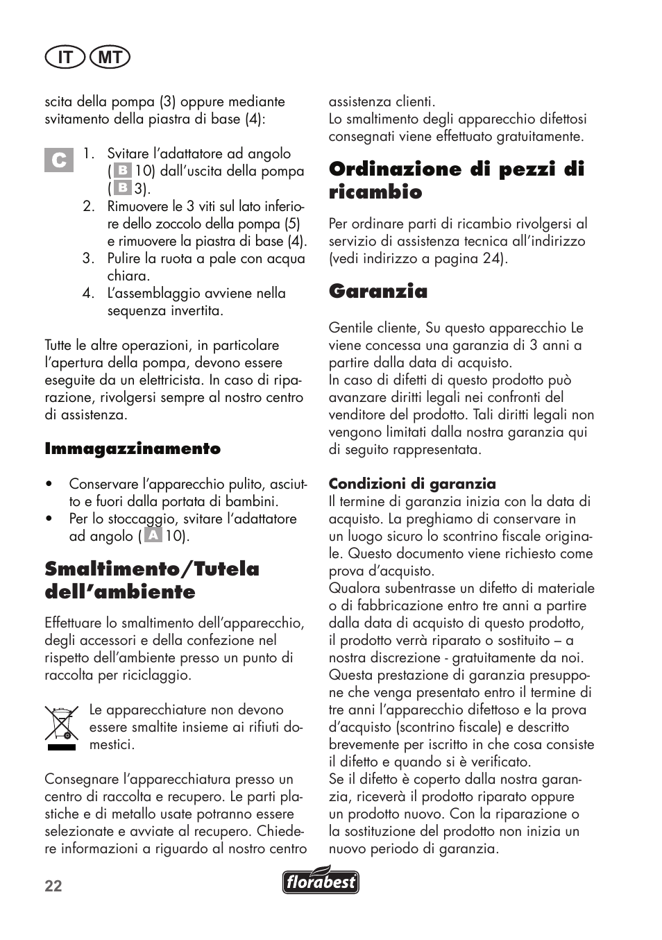 Smaltimento/tutela dell’ambiente, Ordinazione di pezzi di ricambio, Garanzia | It mt | Florabest FTS 1100 B2 User Manual | Page 22 / 62