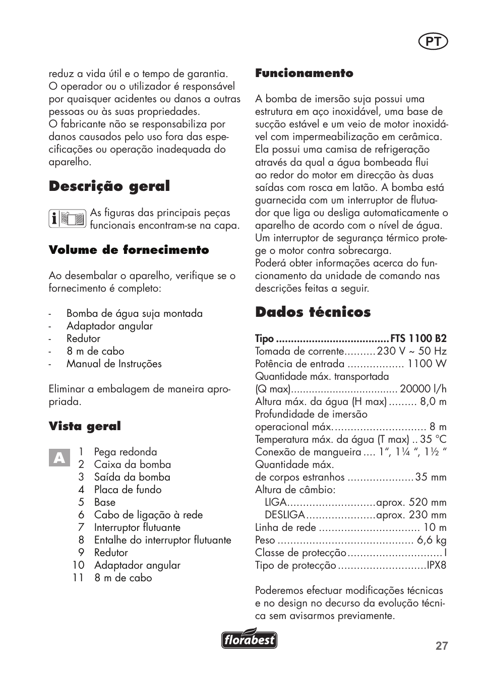 Descrição geral, Dados técnicos | Florabest FTS 1100 B2 User Manual | Page 27 / 62