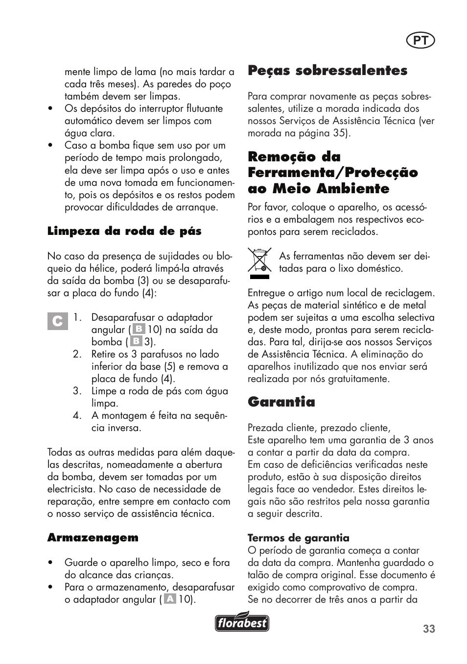 Peças sobressalentes, Remoção da ferramenta/protecção ao meio ambiente, Garantia | Florabest FTS 1100 B2 User Manual | Page 33 / 62