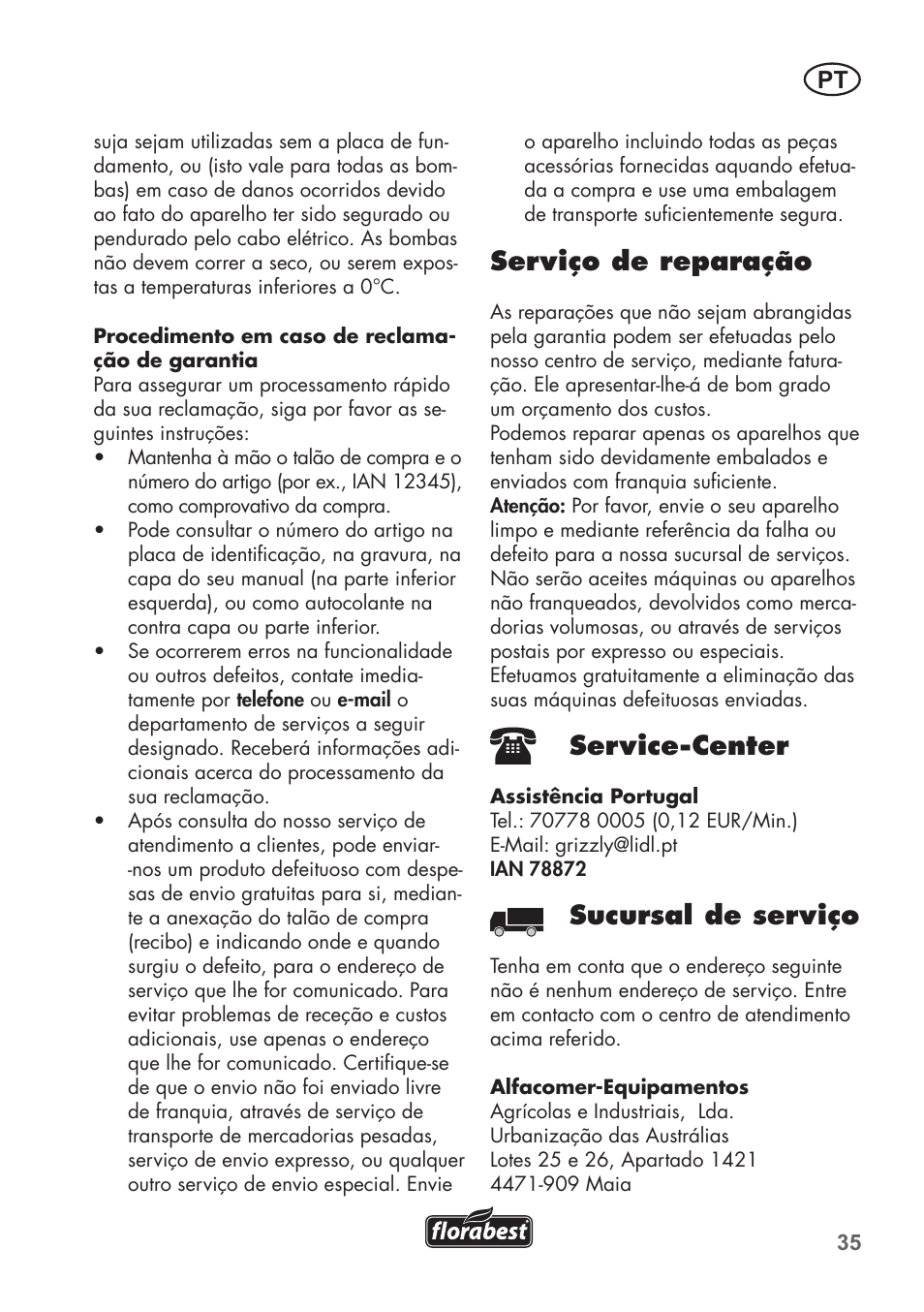 Serviço de reparação, Service-center, Sucursal de serviço | Florabest FTS 1100 B2 User Manual | Page 35 / 62