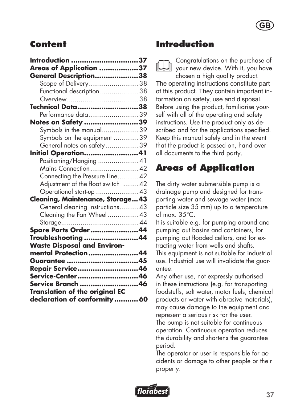 Introduction, Areas of application, Content | Florabest FTS 1100 B2 User Manual | Page 37 / 62