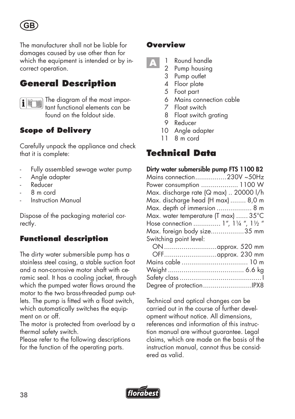 Technical data, General description | Florabest FTS 1100 B2 User Manual | Page 38 / 62