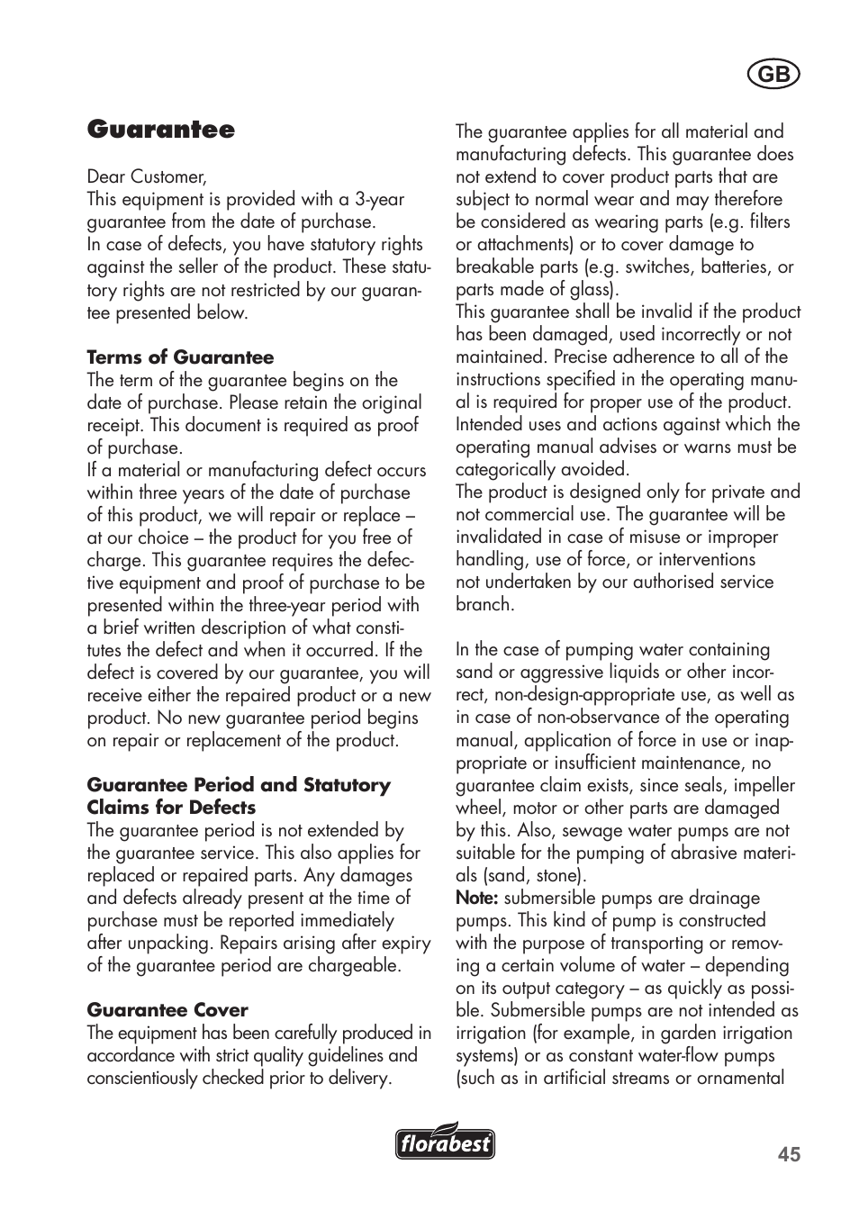 Guarantee | Florabest FTS 1100 B2 User Manual | Page 45 / 62