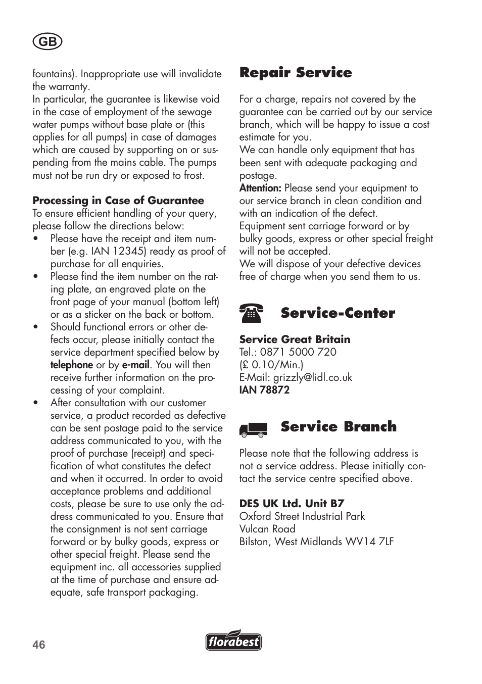 Repair service, Service-center, Service branch | Florabest FTS 1100 B2 User Manual | Page 46 / 62