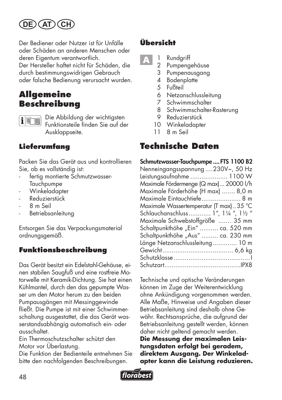 Technische daten, Allgemeine beschreibung, De at ch | Florabest FTS 1100 B2 User Manual | Page 48 / 62