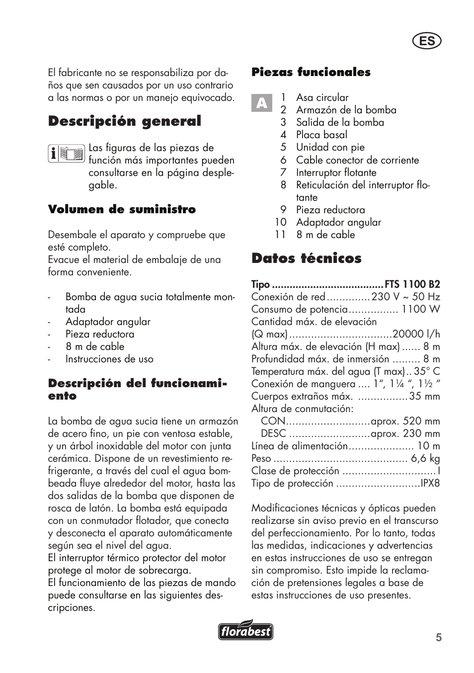 Descripción general, Datos técnicos | Florabest FTS 1100 B2 User Manual | Page 5 / 62