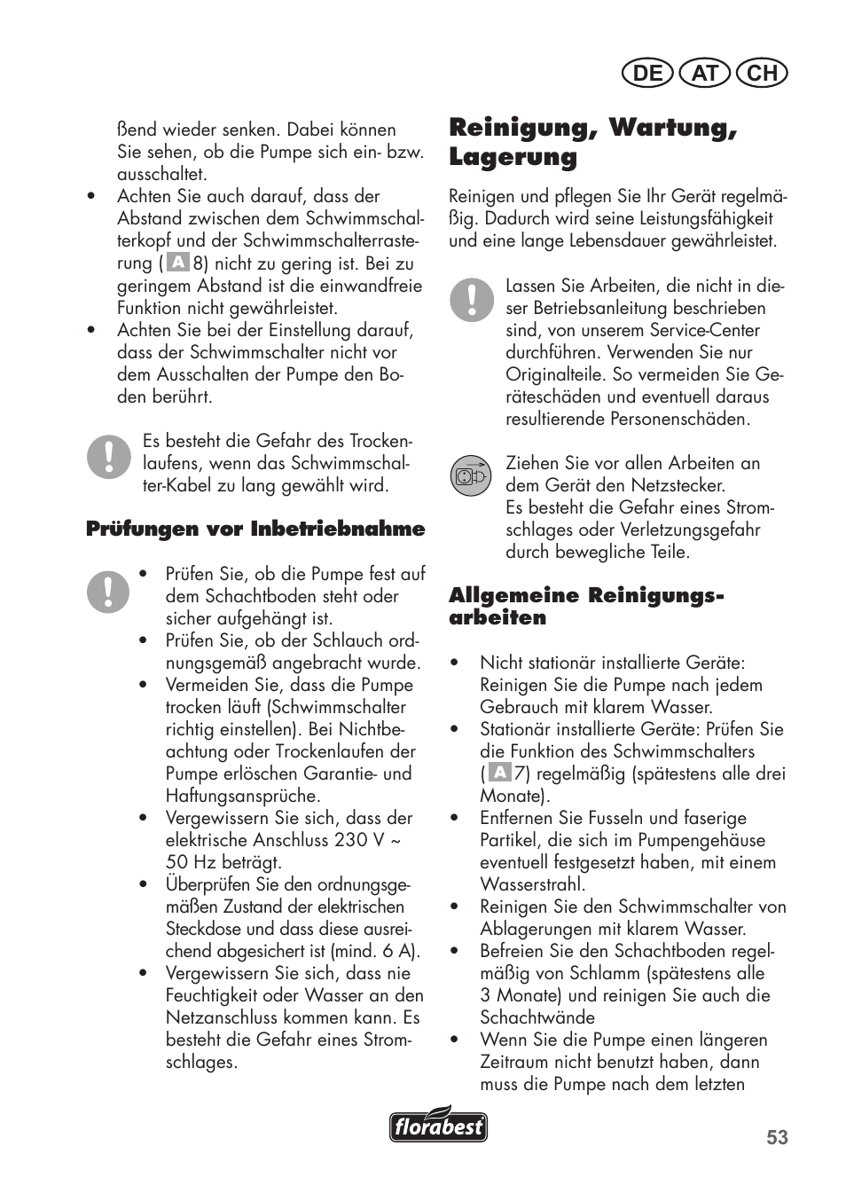 Reinigung, wartung, lagerung, De at ch | Florabest FTS 1100 B2 User Manual | Page 53 / 62