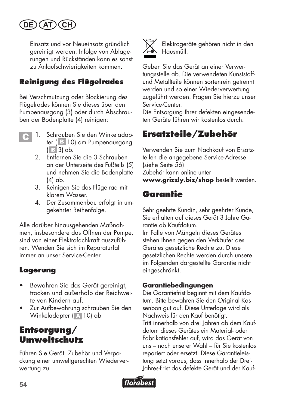 Entsorgung/ umweltschutz, Ersatzteile/zubehör, Garantie | De at ch | Florabest FTS 1100 B2 User Manual | Page 54 / 62