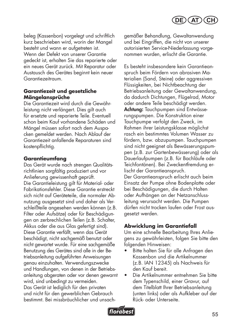 De at ch | Florabest FTS 1100 B2 User Manual | Page 55 / 62