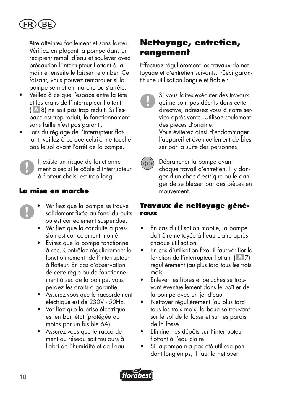 Nettoyage, entretien, rangement, Fr be | Florabest FTS 1100 B2 User Manual | Page 10 / 50