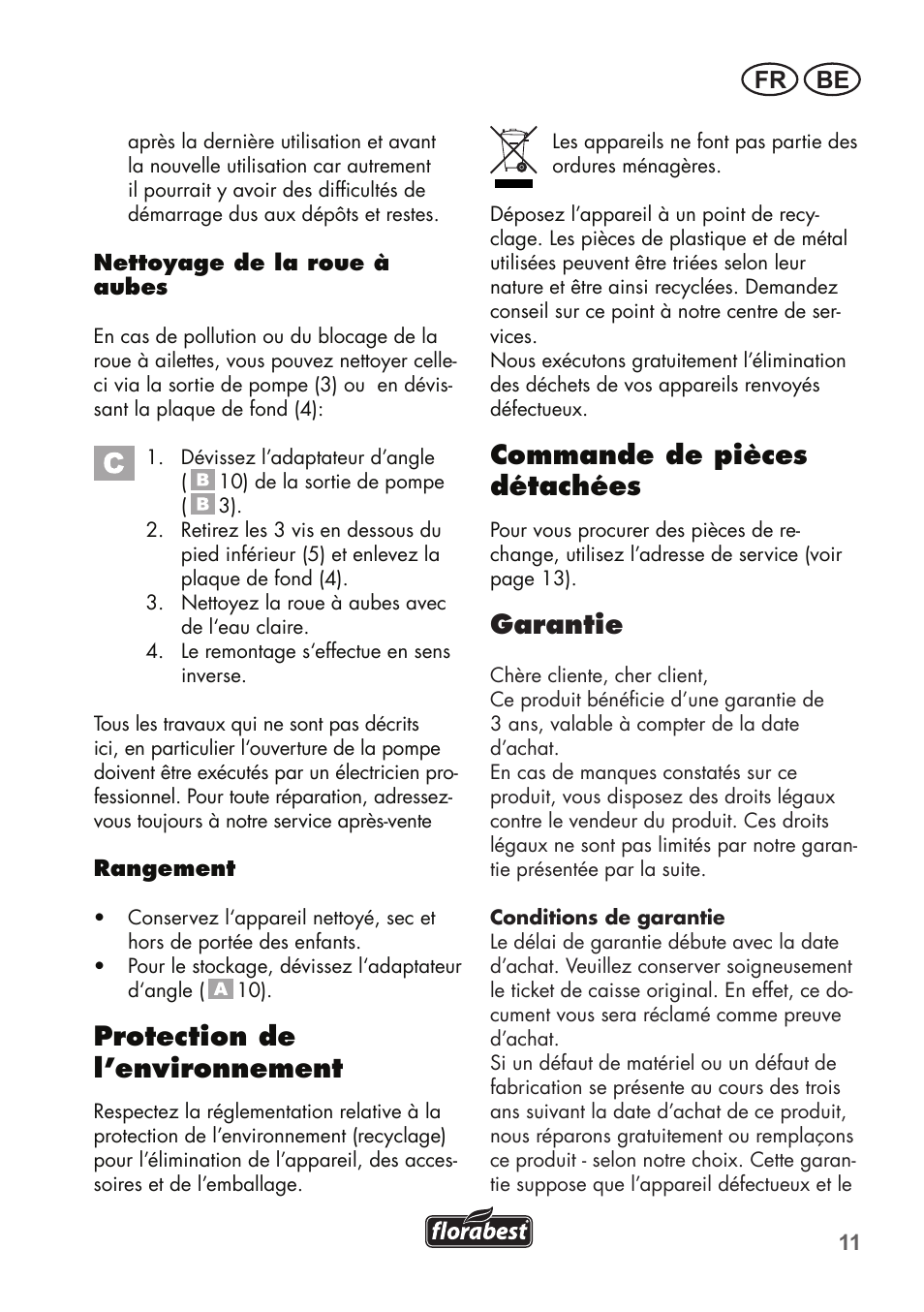 Protection de l’environnement, Commande de pièces détachées, Garantie | Fr be | Florabest FTS 1100 B2 User Manual | Page 11 / 50