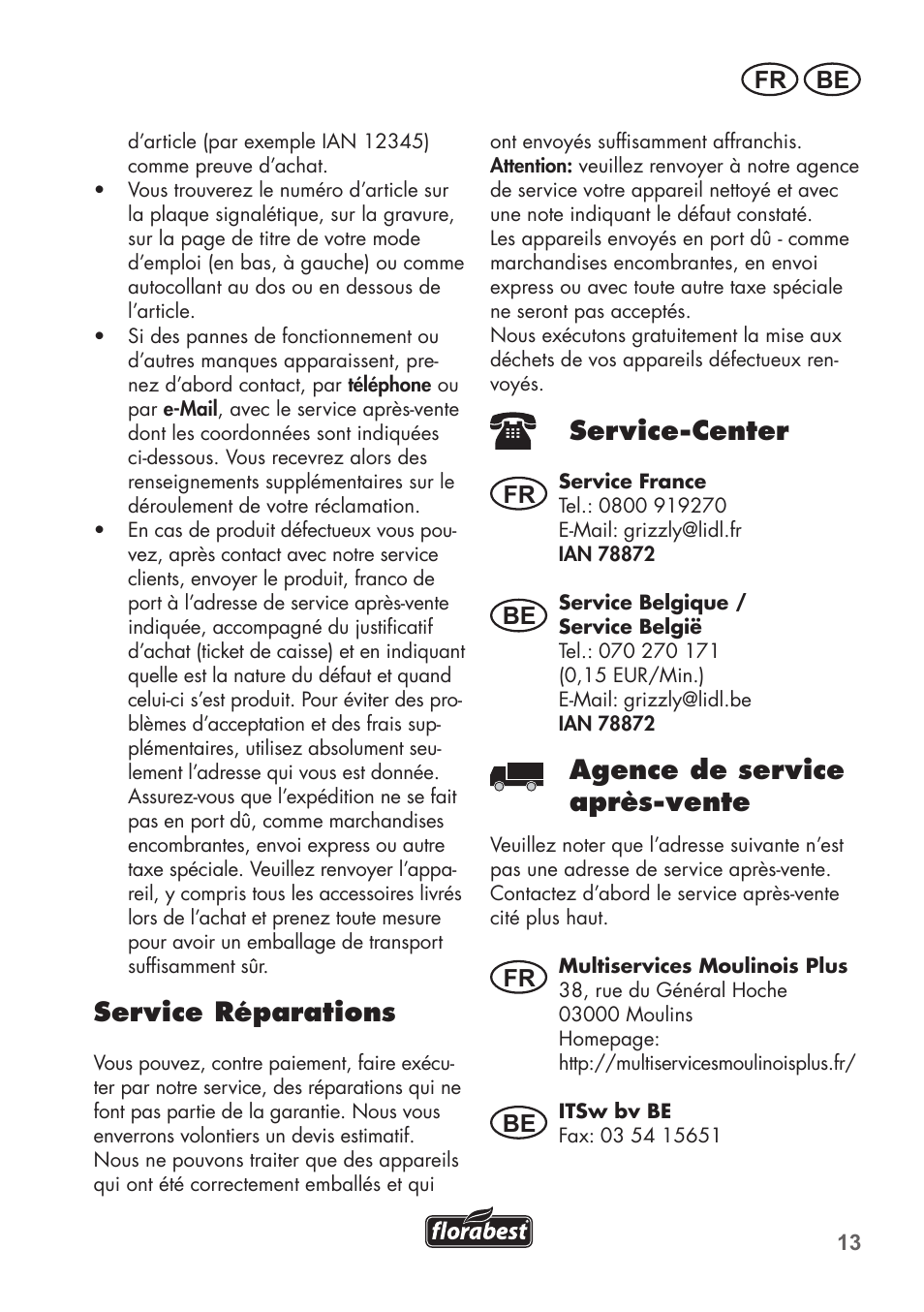 Service réparations, Service-center, Agence de service après-vente | Fr be, Fr be be | Florabest FTS 1100 B2 User Manual | Page 13 / 50