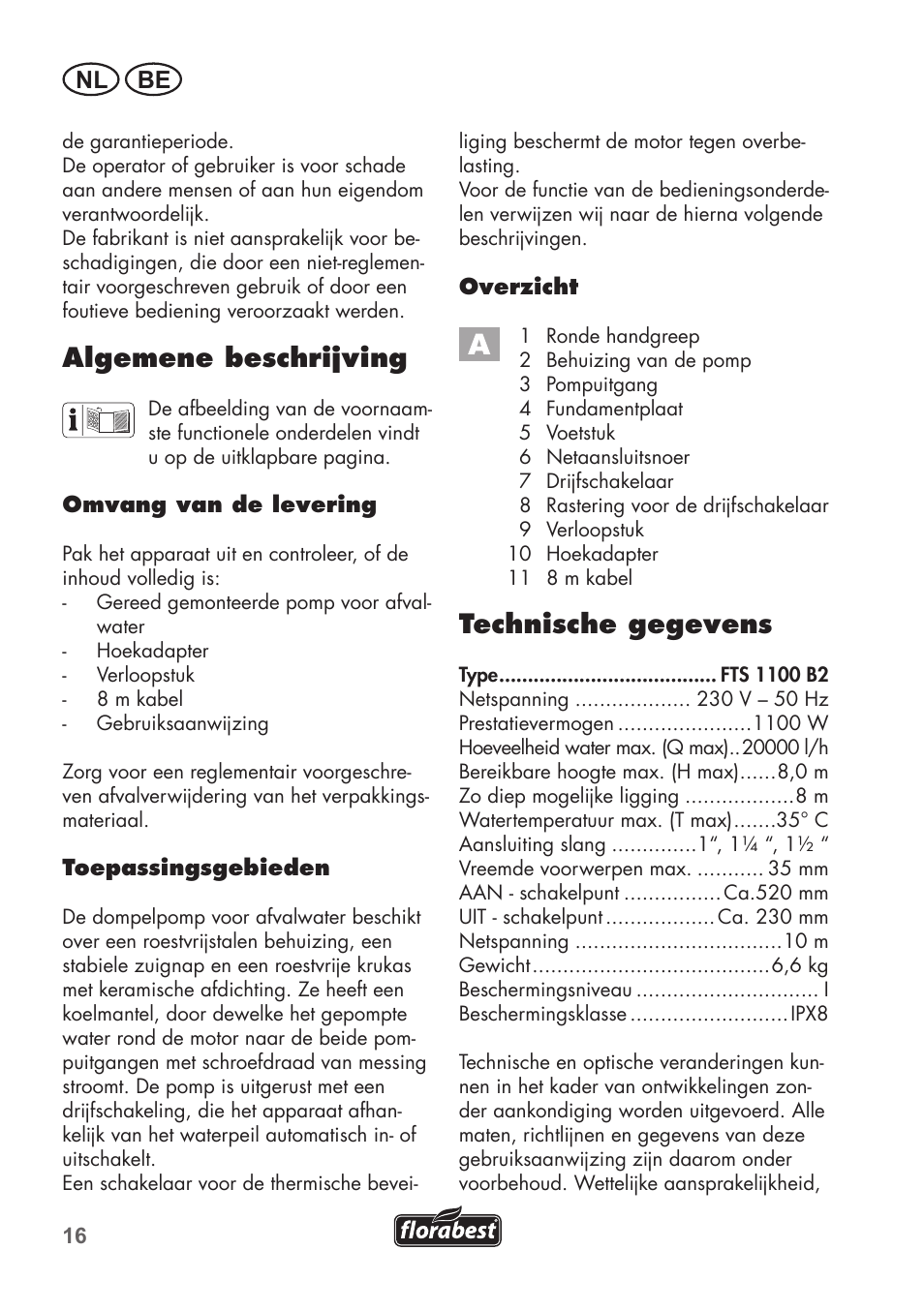 Algemene beschrijving, Technische gegevens, Nl be | Florabest FTS 1100 B2 User Manual | Page 16 / 50