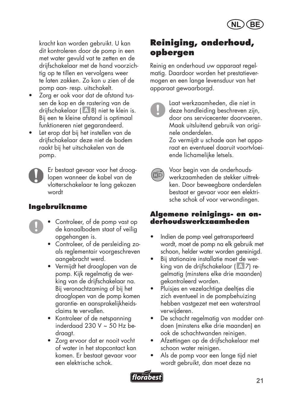 Reiniging, onderhoud, opbergen, Nl be | Florabest FTS 1100 B2 User Manual | Page 21 / 50