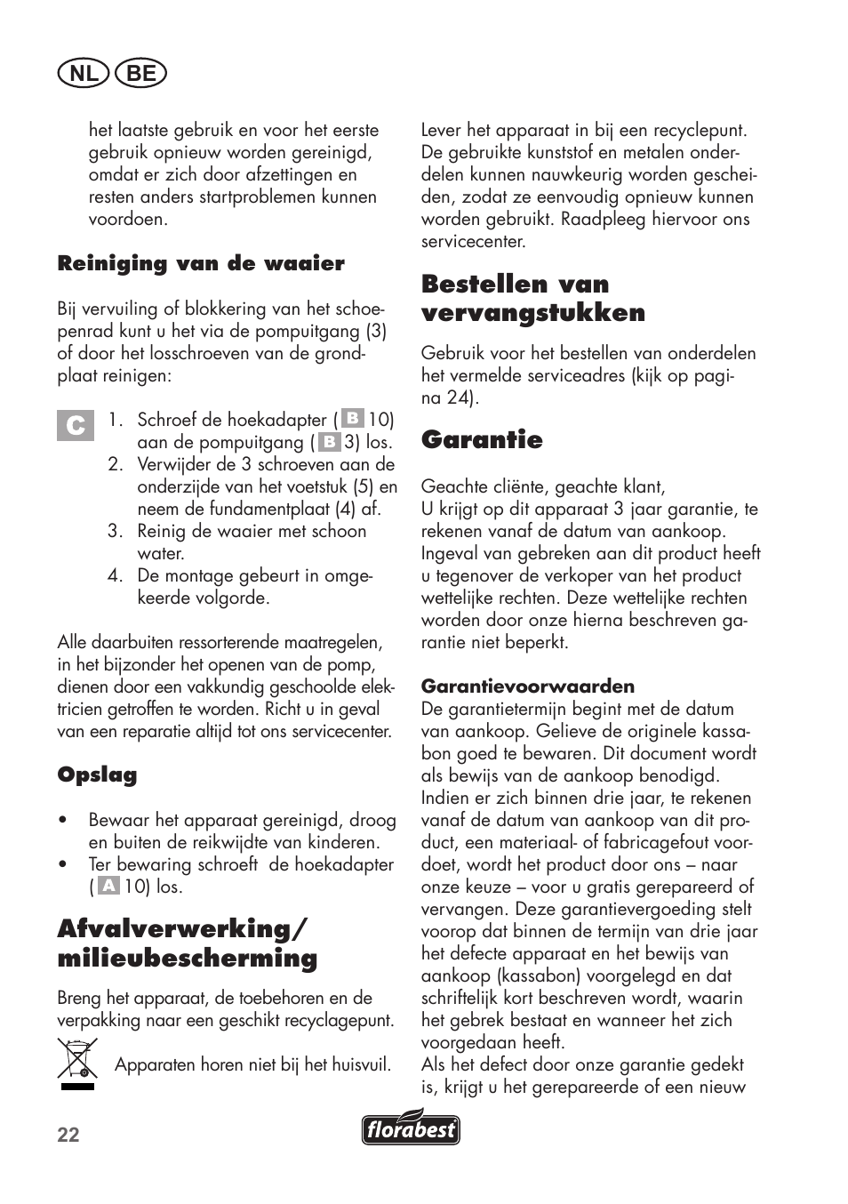 Afvalverwerking/ milieubescherming, Bestellen van vervangstukken, Garantie | Nl be | Florabest FTS 1100 B2 User Manual | Page 22 / 50