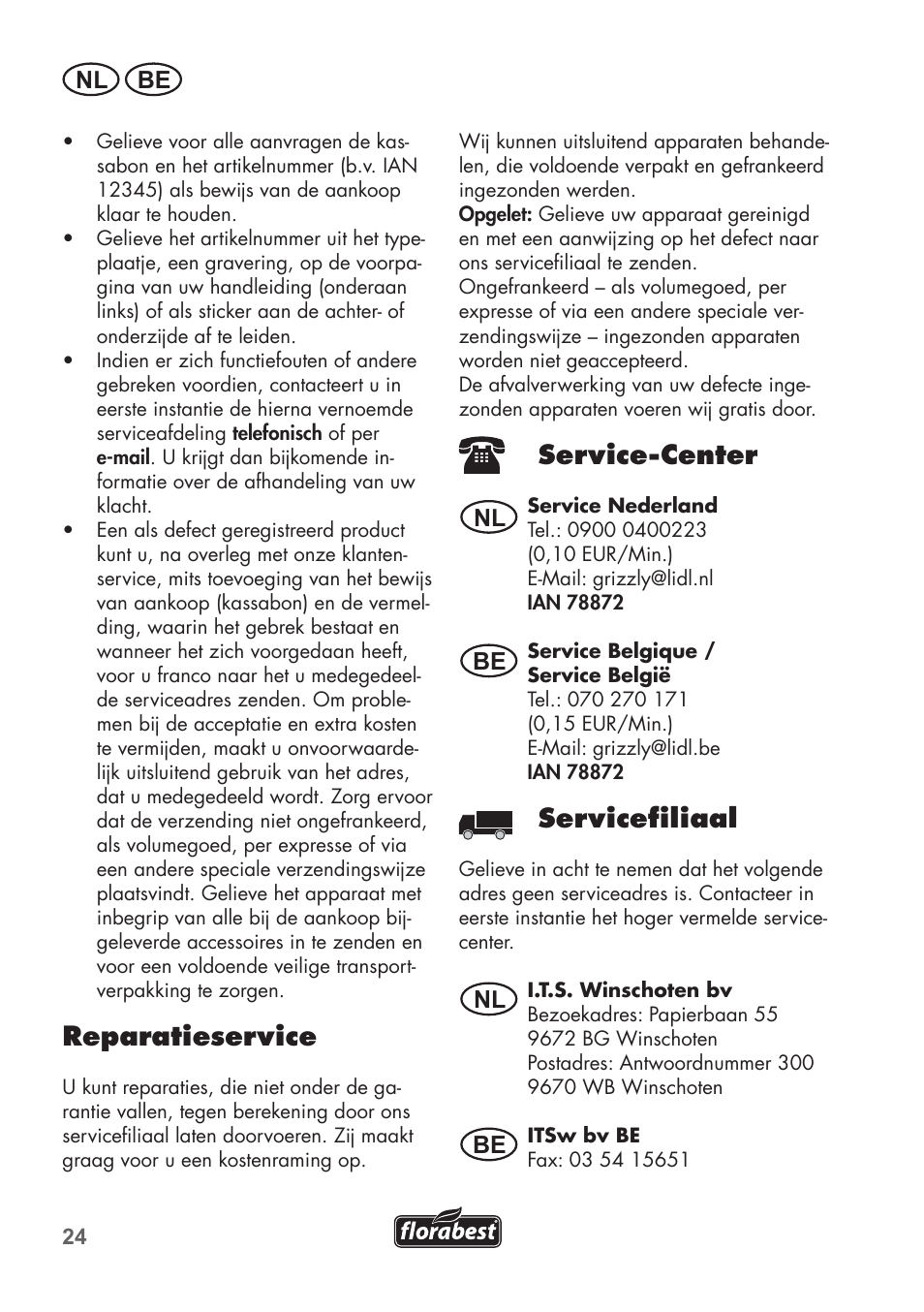 Reparatieservice, Service-center, Servicefiliaal | Nl be, Nl be be | Florabest FTS 1100 B2 User Manual | Page 24 / 50