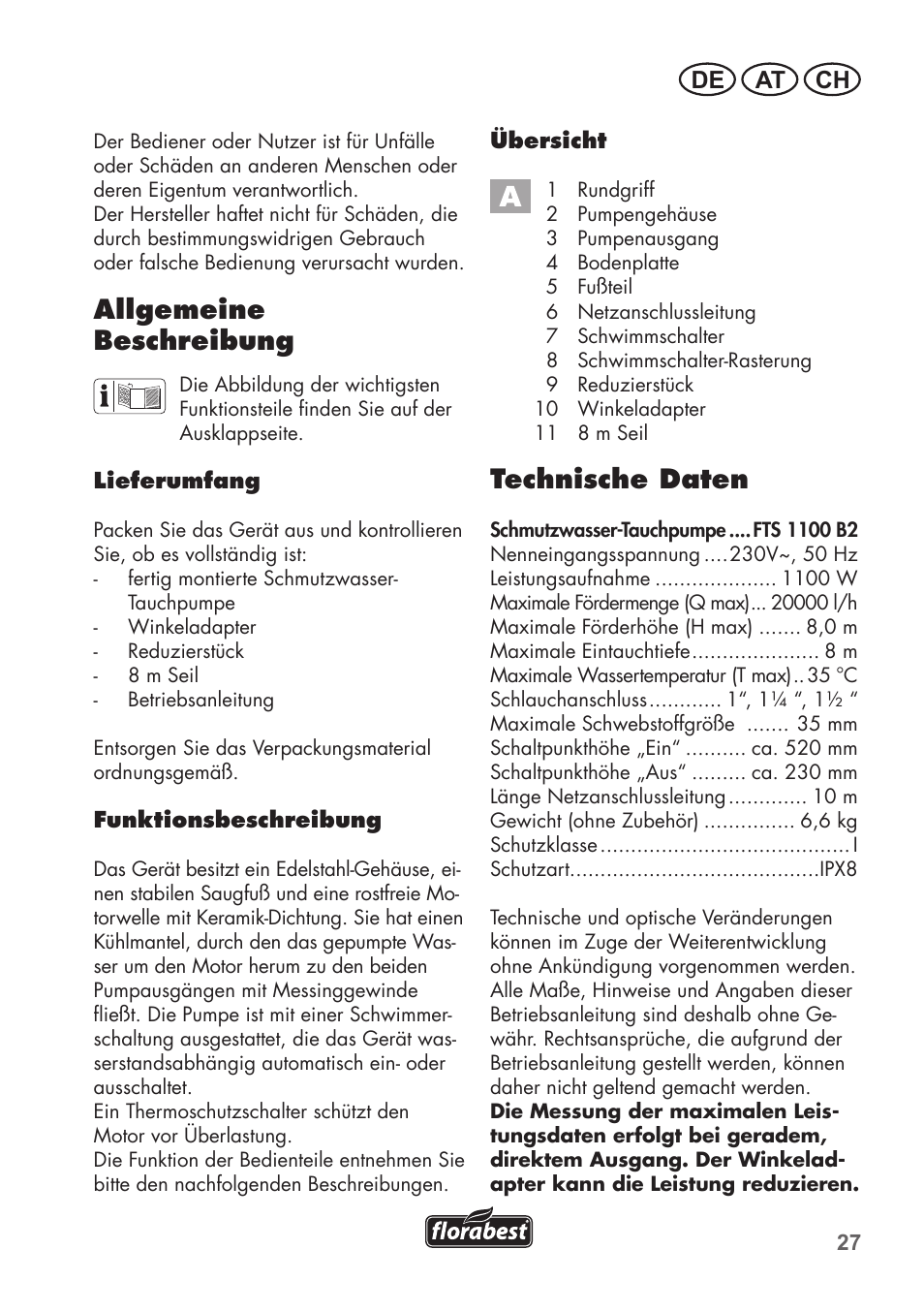 Technische daten, Allgemeine beschreibung, De at ch | Florabest FTS 1100 B2 User Manual | Page 27 / 50