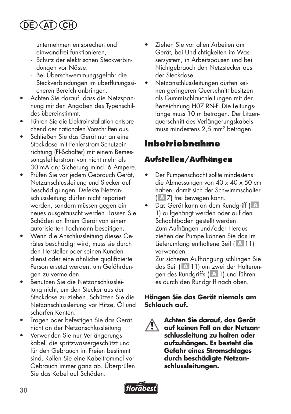Inbetriebnahme, De at ch | Florabest FTS 1100 B2 User Manual | Page 30 / 50