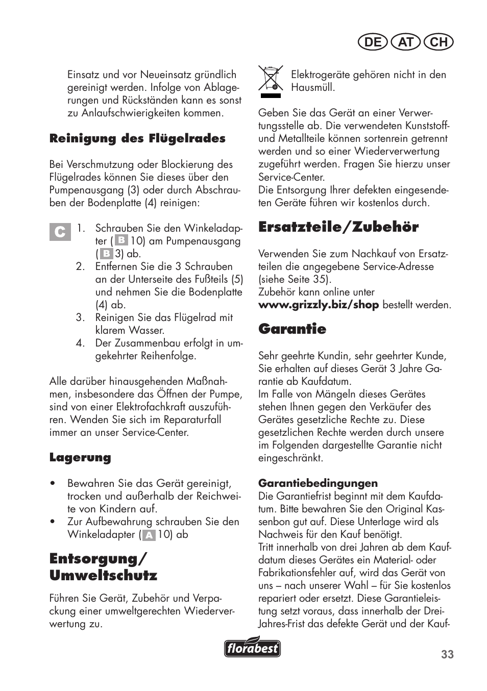 Entsorgung/ umweltschutz, Ersatzteile/zubehör, Garantie | De at ch | Florabest FTS 1100 B2 User Manual | Page 33 / 50