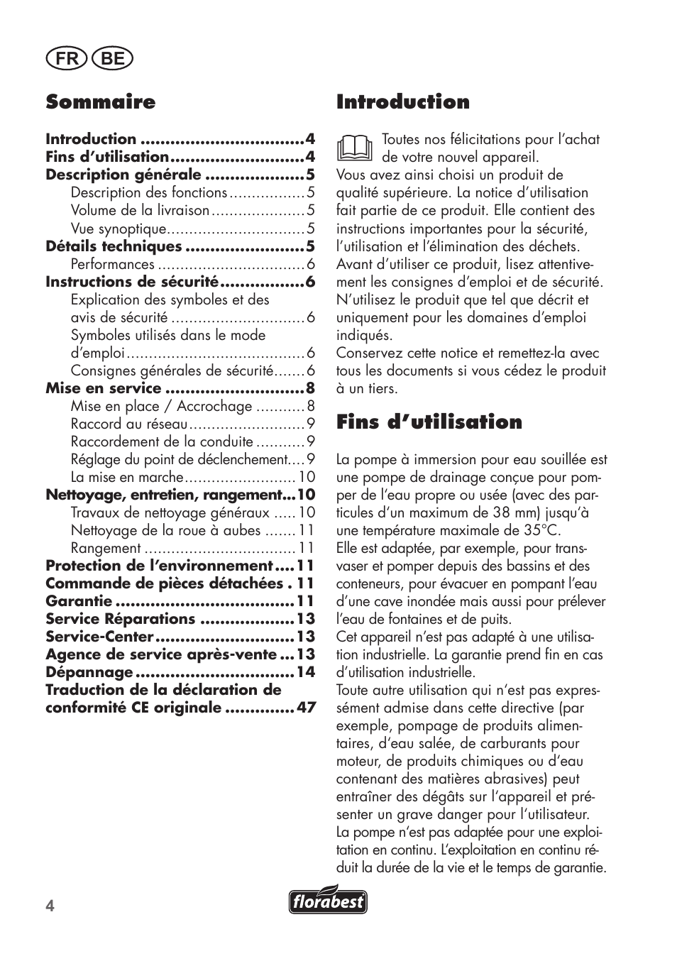 Introduction, Fins d’utilisation, Sommaire | Fr be | Florabest FTS 1100 B2 User Manual | Page 4 / 50
