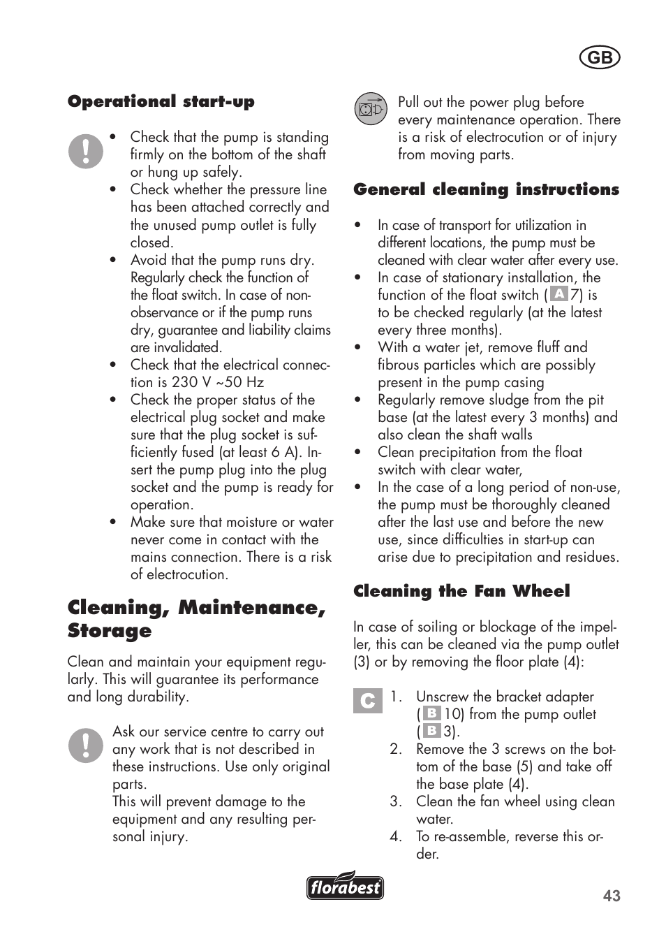 Cleaning, maintenance, storage | Florabest FTS 1100 B2 User Manual | Page 43 / 50