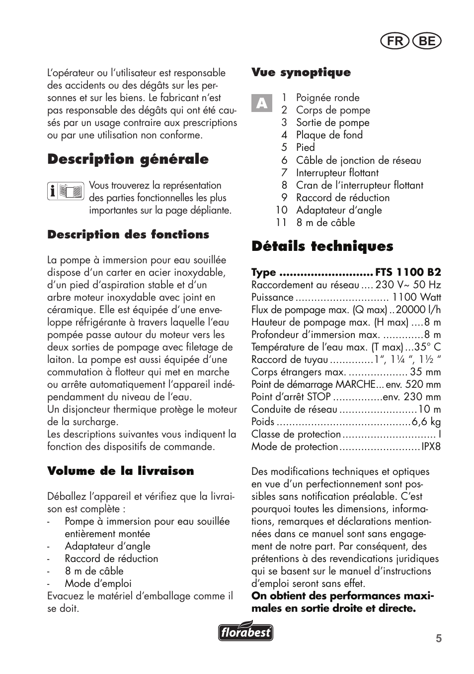 Description générale, Détails techniques, Fr be | Florabest FTS 1100 B2 User Manual | Page 5 / 50