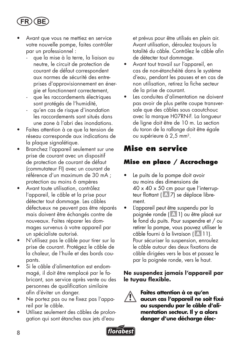 Mise en service, Fr be | Florabest FTS 1100 B2 User Manual | Page 8 / 50