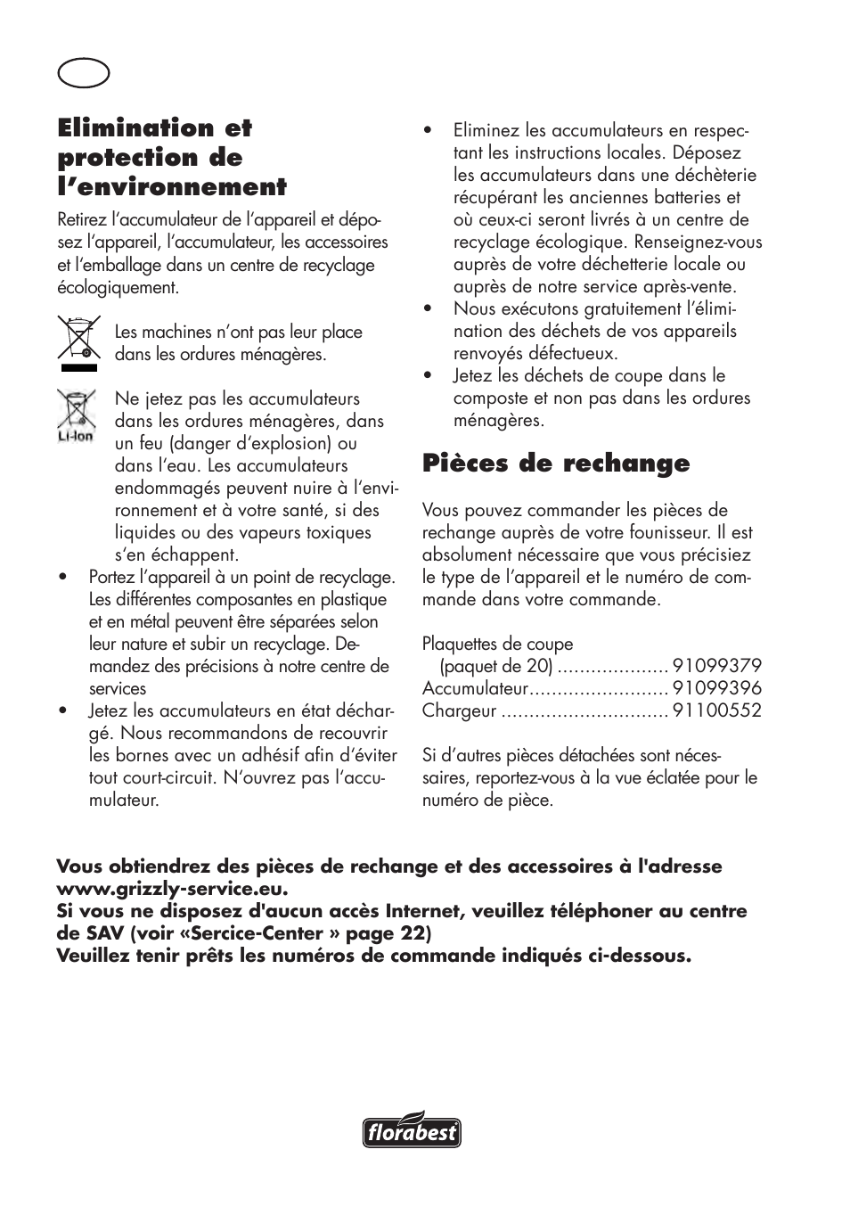 Elimination et protection de l’environnement, Pièces de rechange | Florabest FAT 18 B2 User Manual | Page 20 / 64