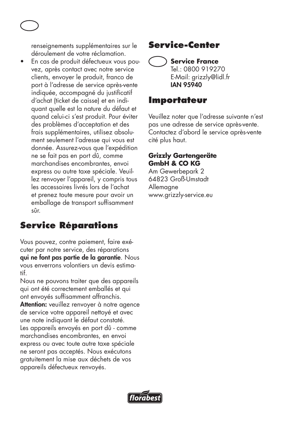 Service réparations, Service-center, Importateur | Florabest FAT 18 B2 User Manual | Page 22 / 64