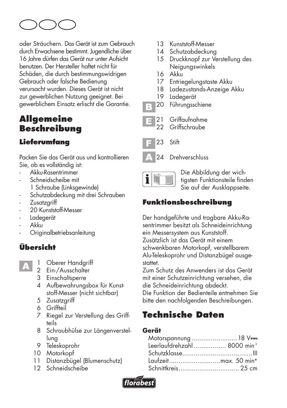 Allgemeine beschreibung, Technische daten, De at ch | Florabest FAT 18 B2 User Manual | Page 24 / 64