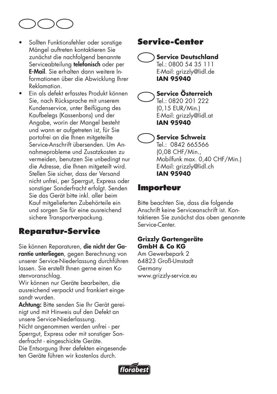 Service-center, Importeur, Reparatur-service | De at ch | Florabest FAT 18 B2 User Manual | Page 40 / 64