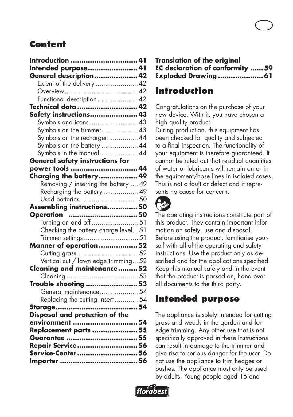 Content, Introduction, Intended purpose | Florabest FAT 18 B2 User Manual | Page 41 / 64