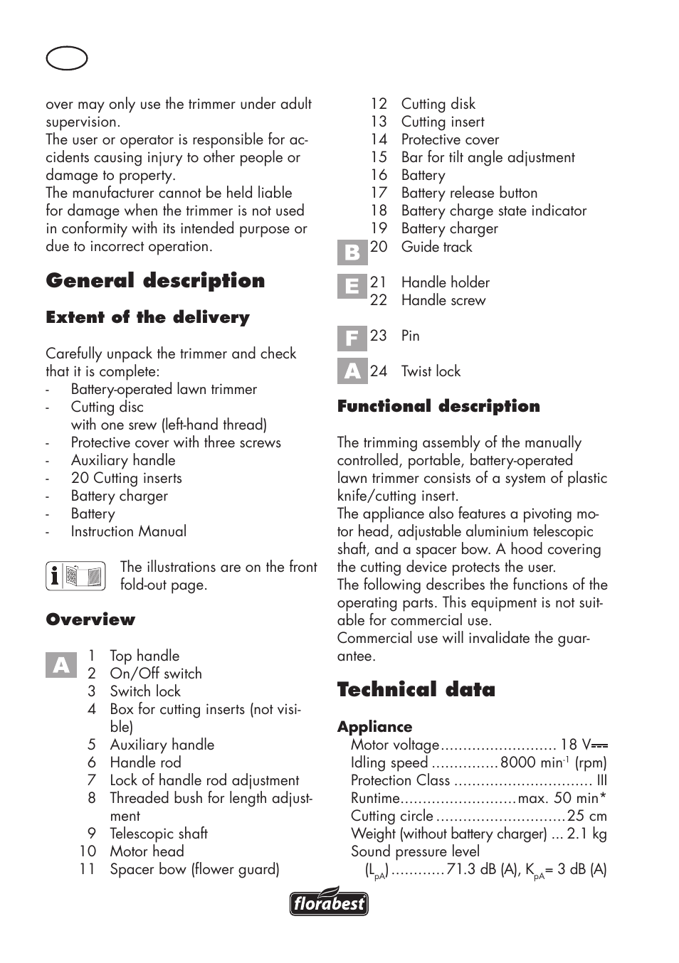 Technical data, General description | Florabest FAT 18 B2 User Manual | Page 42 / 64