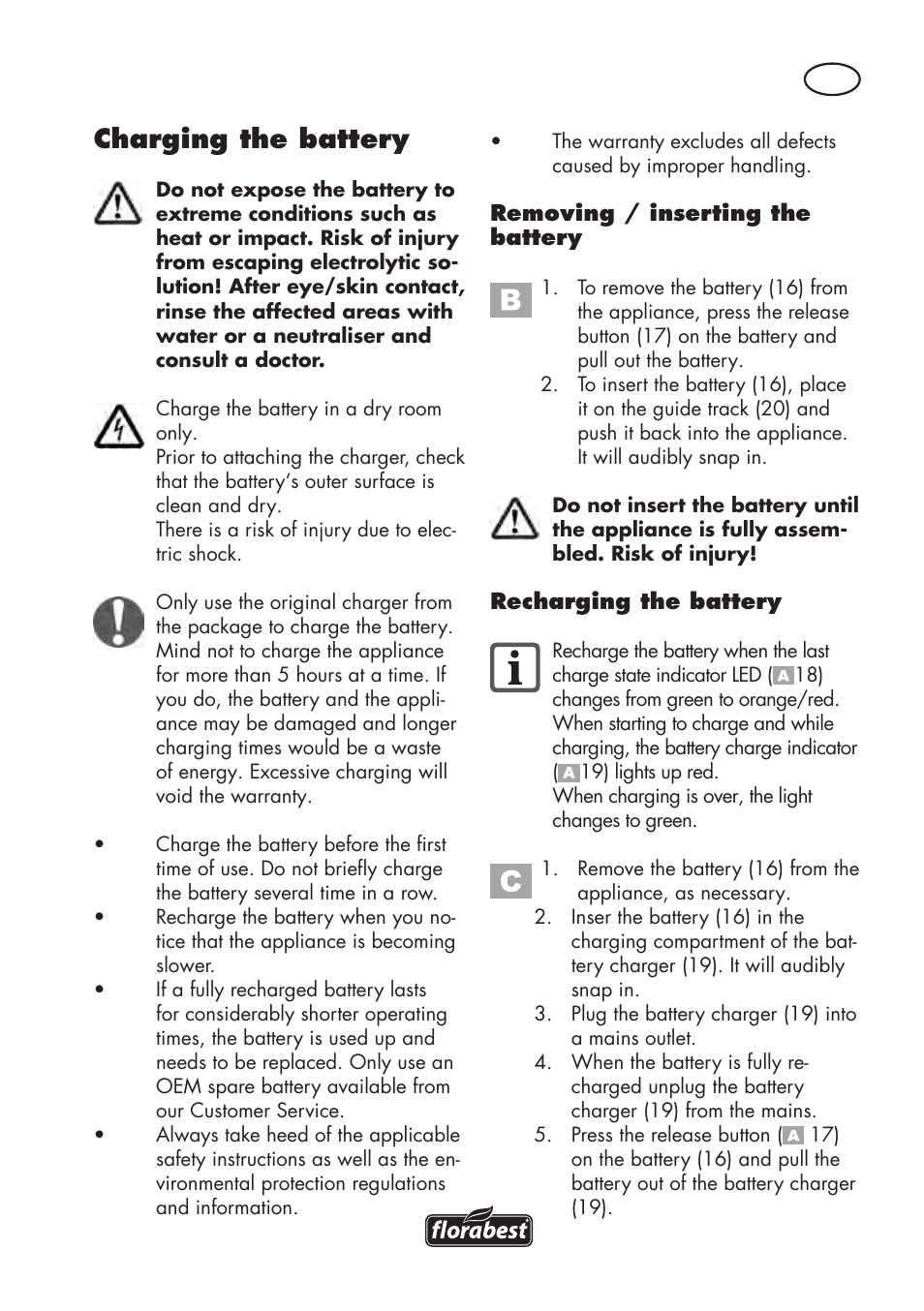 Charging the battery | Florabest FAT 18 B2 User Manual | Page 49 / 64
