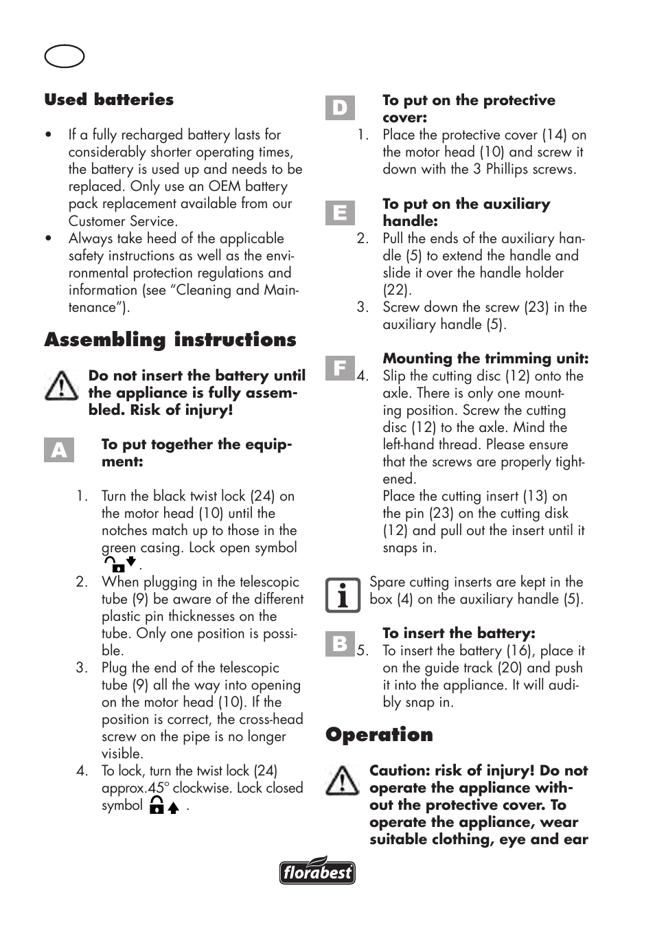 Operation, Assembling instructions | Florabest FAT 18 B2 User Manual | Page 50 / 64