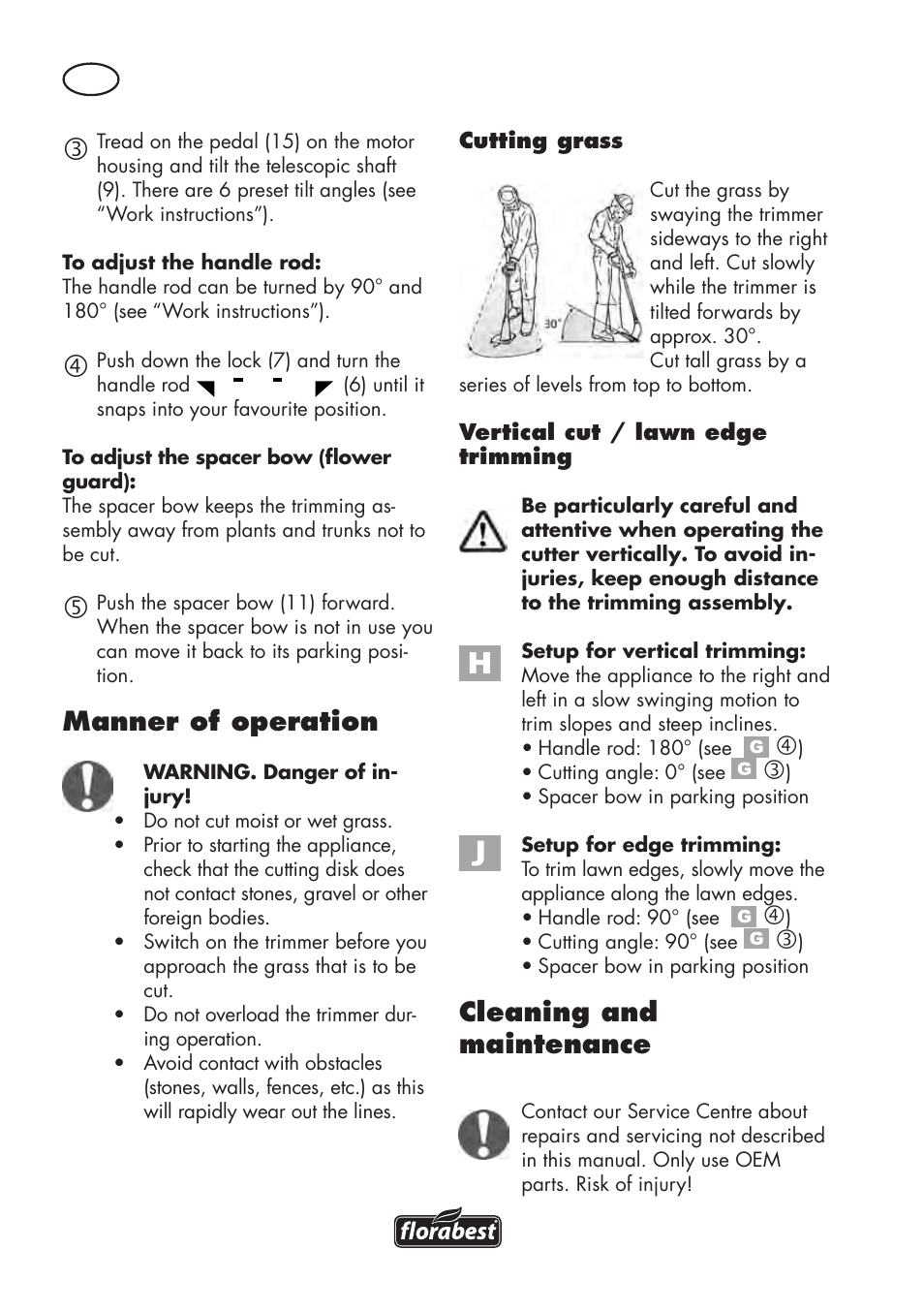 Manner of operation, Cleaning and maintenance | Florabest FAT 18 B2 User Manual | Page 52 / 64