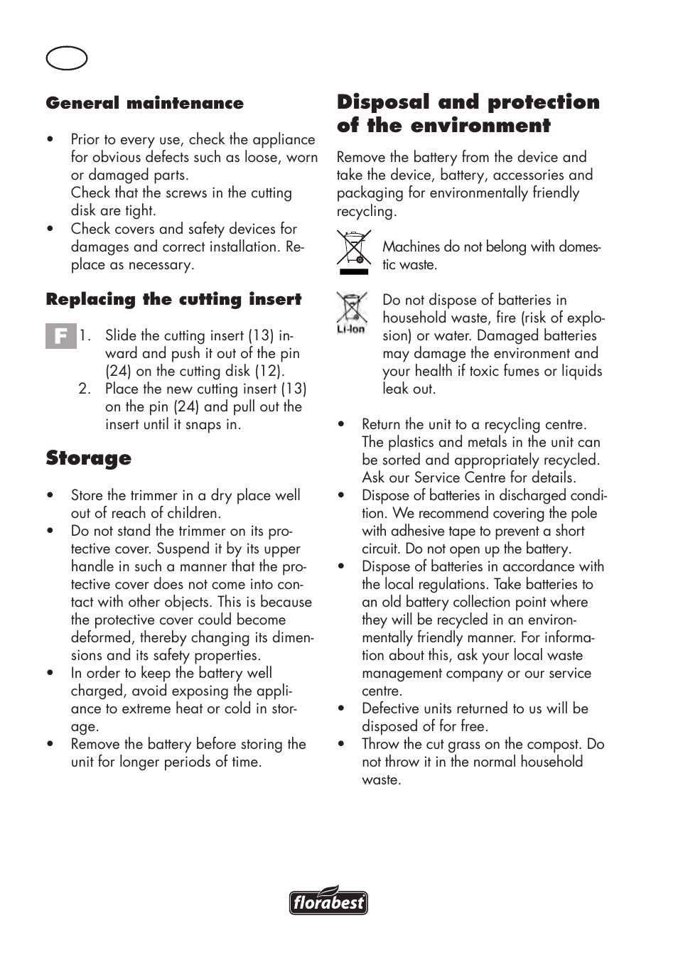 Storage, Disposal and protection of the environment | Florabest FAT 18 B2 User Manual | Page 54 / 64