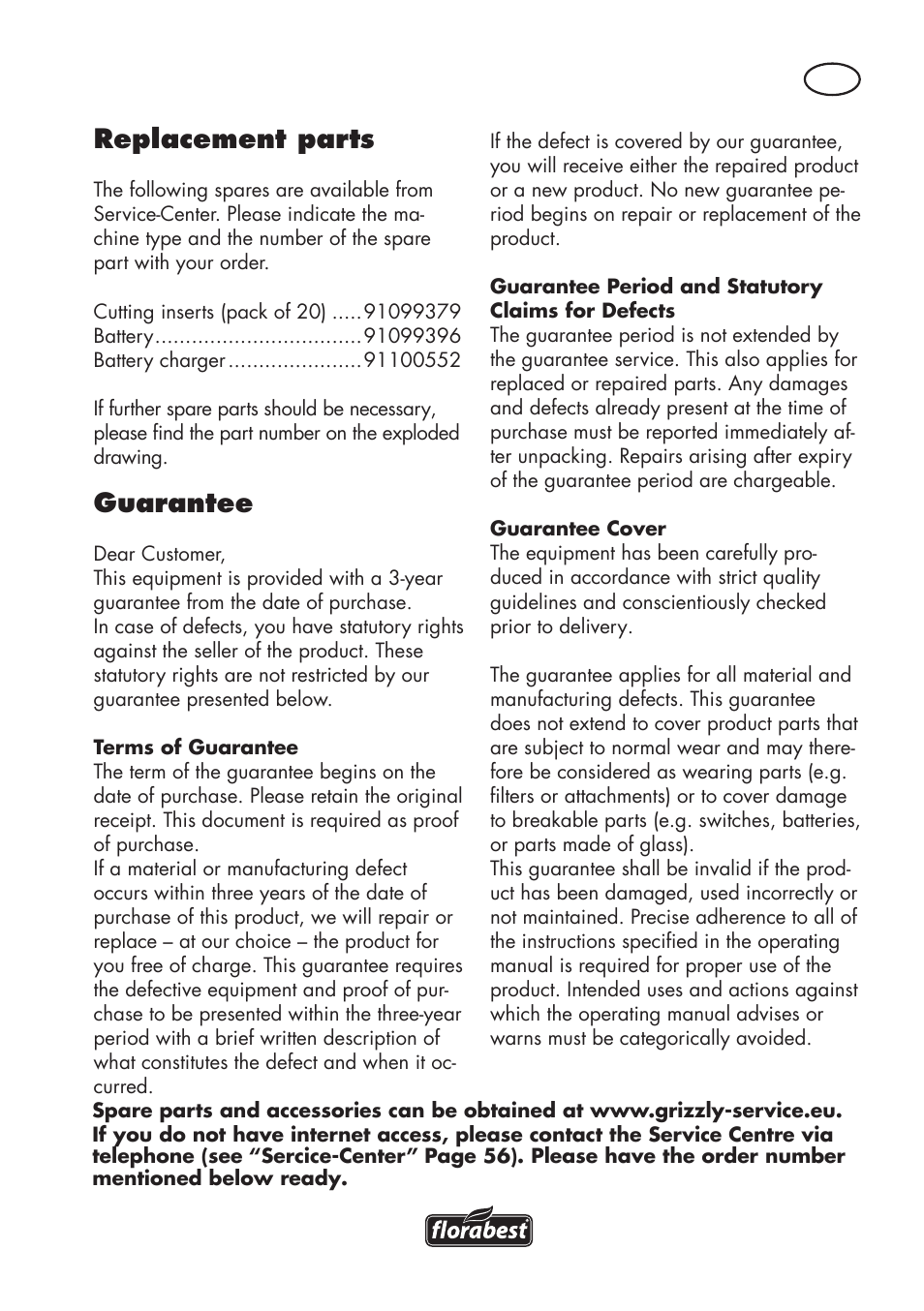 Replacement parts, Guarantee | Florabest FAT 18 B2 User Manual | Page 55 / 64