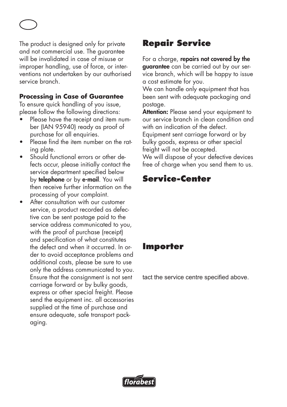 Repair service, Service-center, Importer | Florabest FAT 18 B2 User Manual | Page 56 / 64