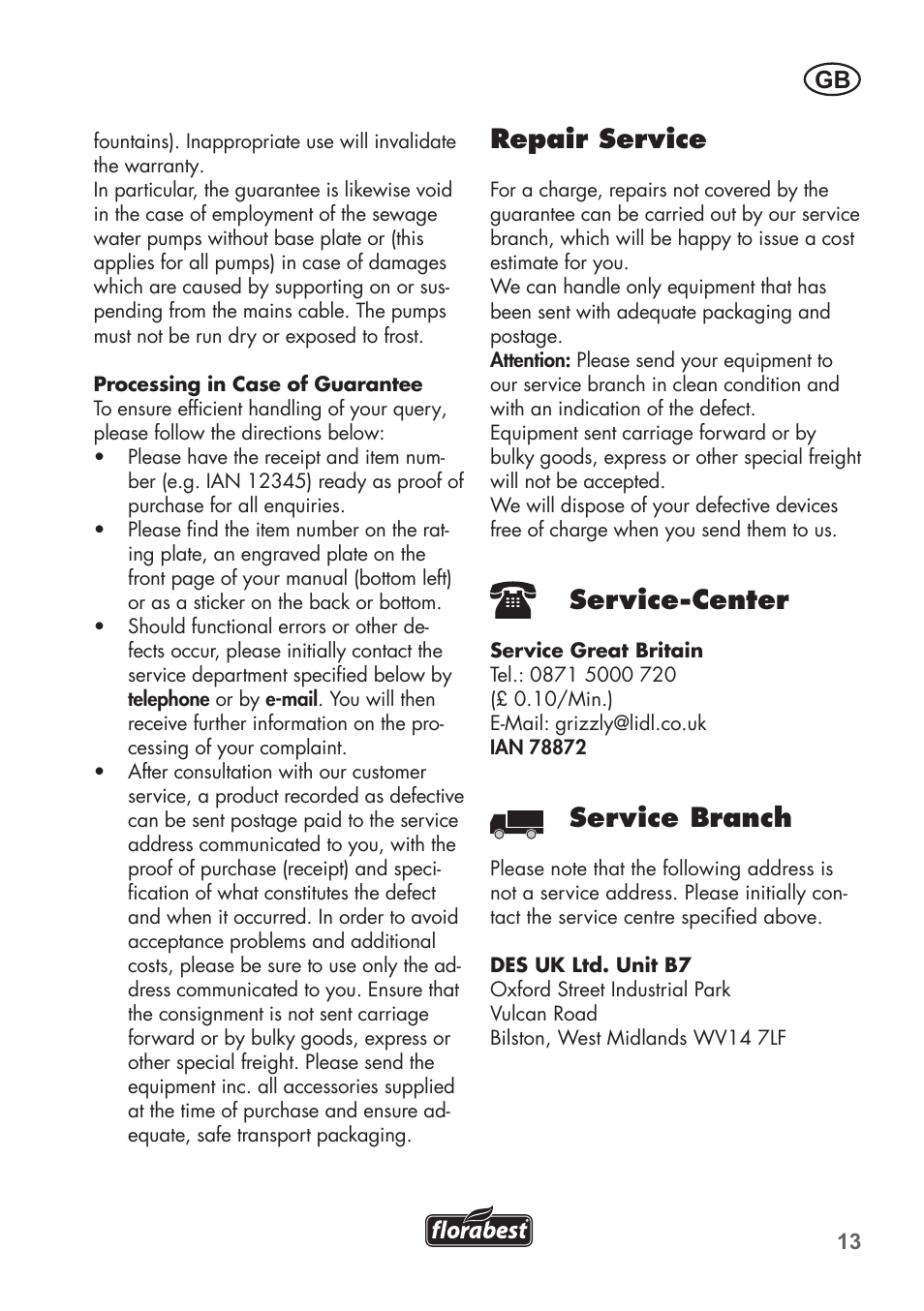 Repair service, Service-center, Service branch | Florabest FTS 1100 B2 User Manual | Page 13 / 78