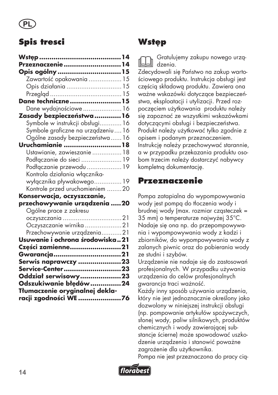 Wstęp, Przeznaczenie, Spis tresci | Florabest FTS 1100 B2 User Manual | Page 14 / 78