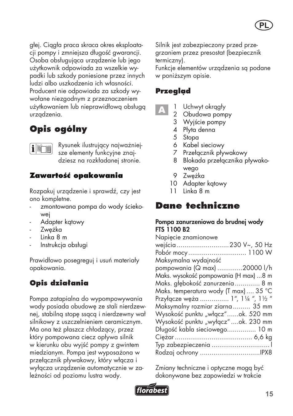 Opis ogólny, Dane techniczne | Florabest FTS 1100 B2 User Manual | Page 15 / 78