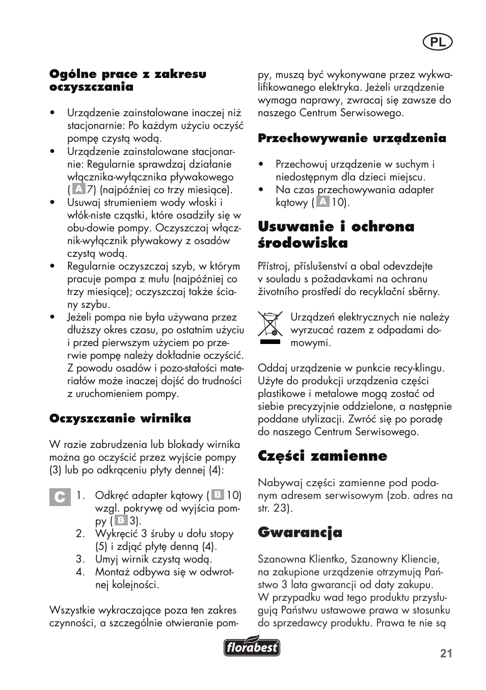 Usuwanie i ochrona środowiska, Części zamienne, Gwarancja | Florabest FTS 1100 B2 User Manual | Page 21 / 78