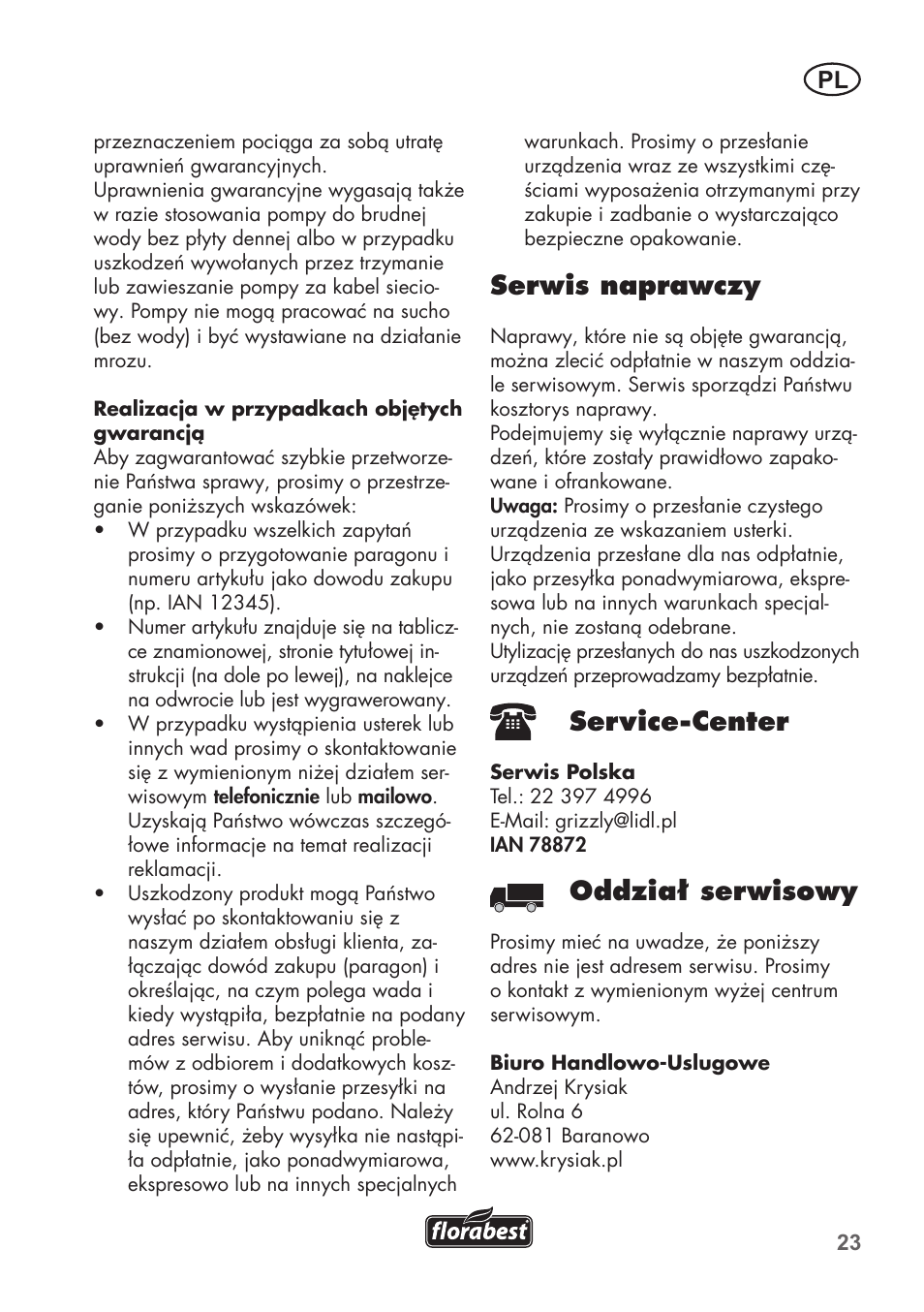 Serwis naprawczy, Service-center, Oddział serwisowy | Florabest FTS 1100 B2 User Manual | Page 23 / 78